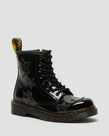 Black Kids' Dr Martens Junior 1460 Glitter Star Patent Lace Up Boots | CA 679PJJ